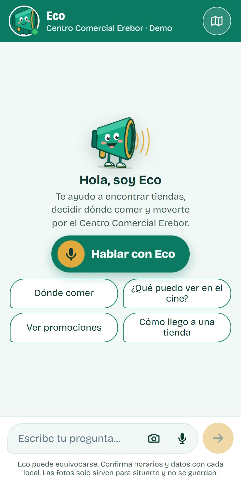 Pantalla de inicio con el botón Hablar con Eco y los atajos