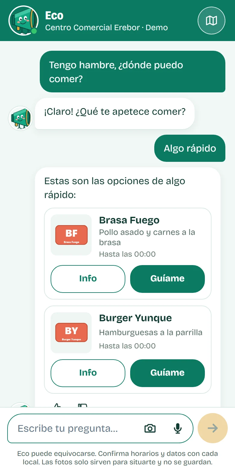 Resultados de dónde comer con logo, descripción y botones